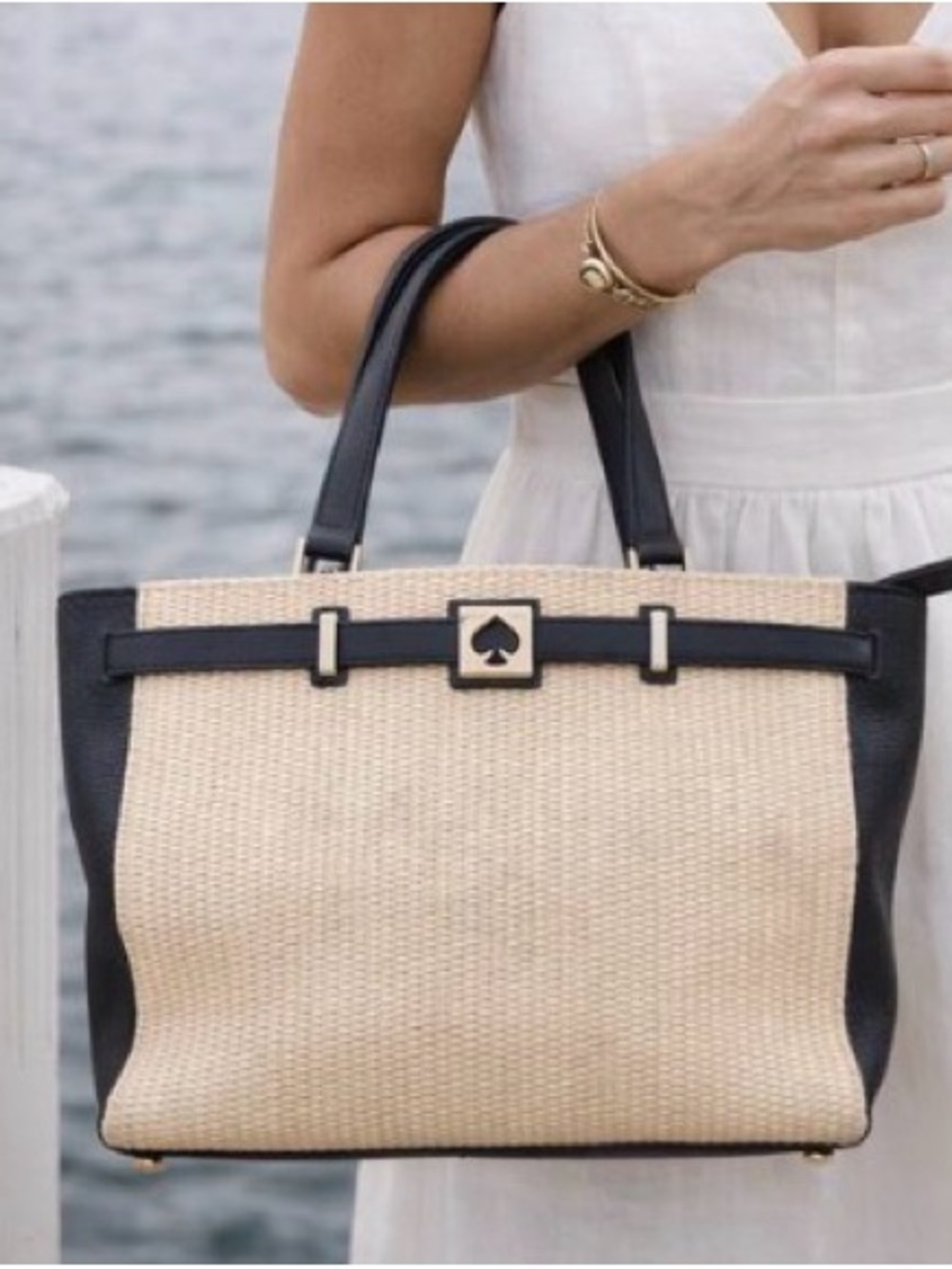 Kate Spade Woven Straw Tote Black Leather Trim Spade Lock